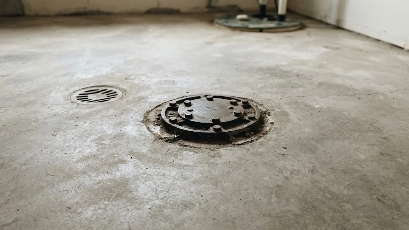 Basement floor drain and access cover in a concrete floor