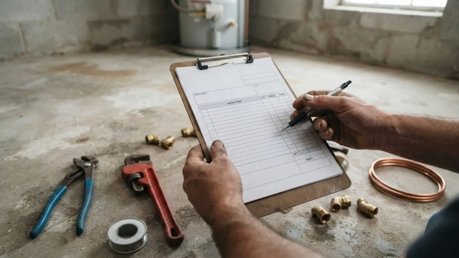Homeowner reviewing a plumbing estimate on a clipboard beside tools