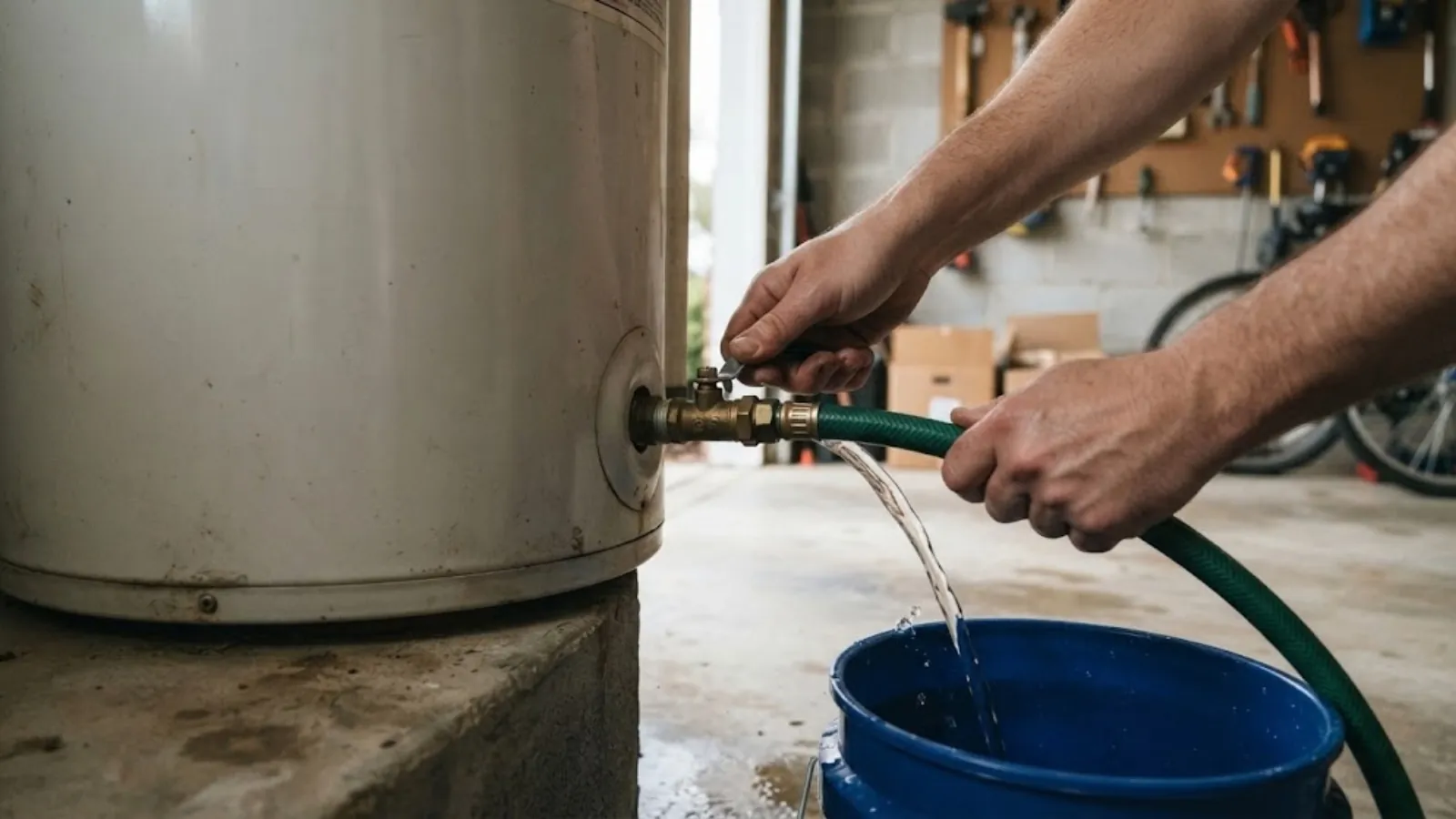 Draining sediment from a water heater through a garden hose into a bucket