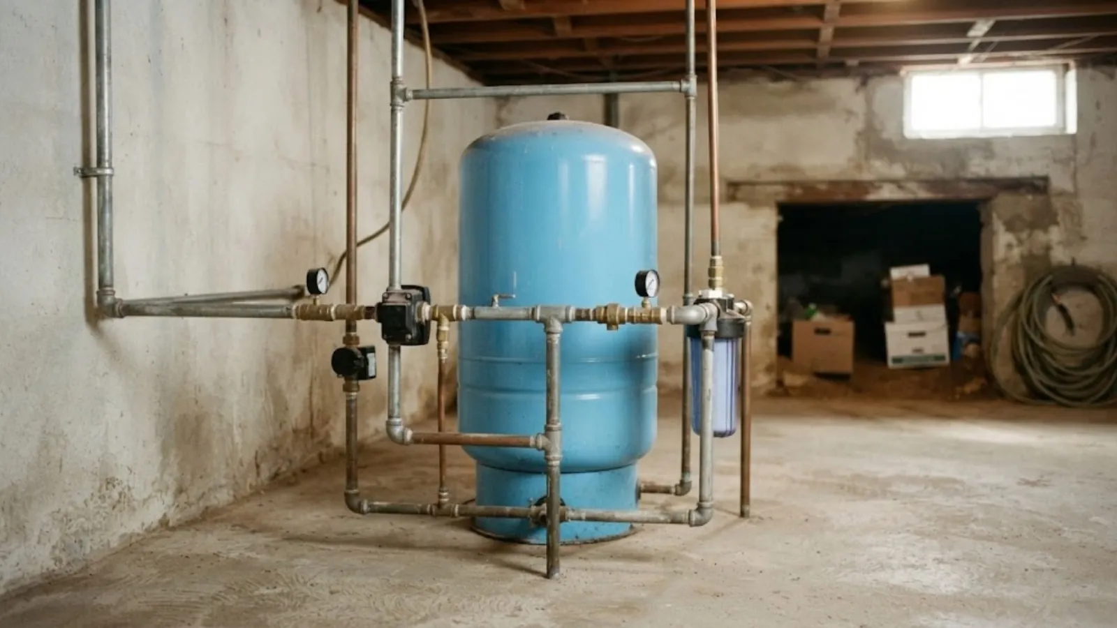 Well pressure tank and piping in a basement utility area