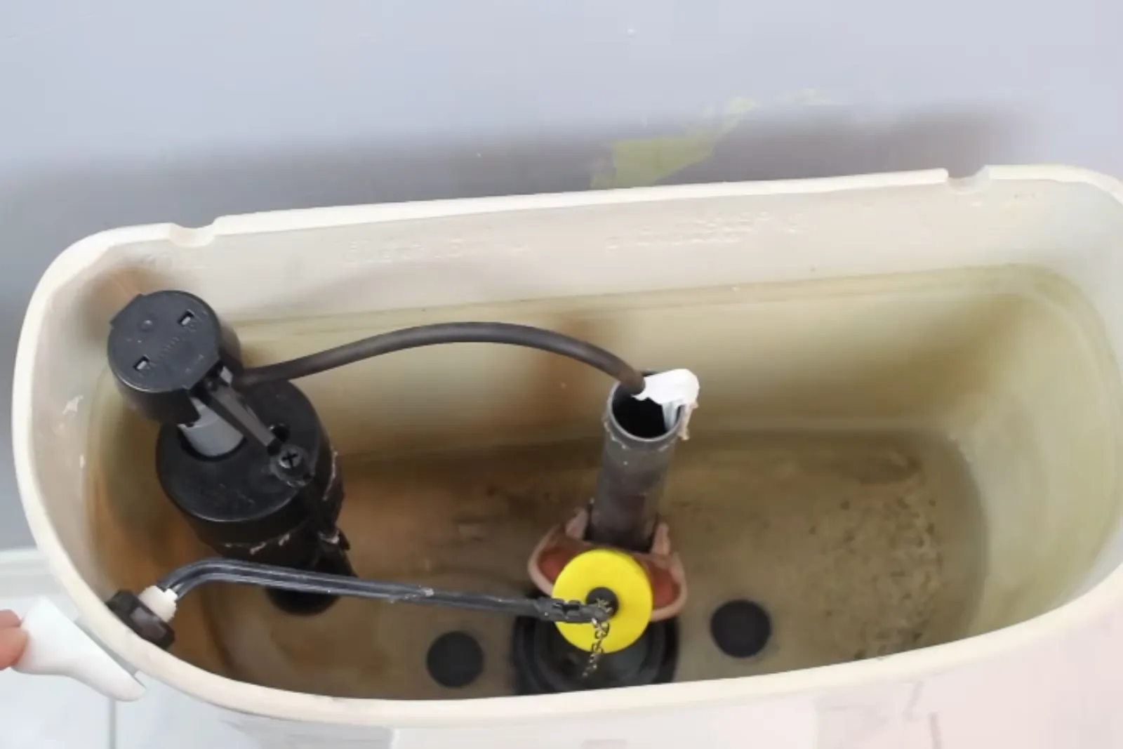 Open toilet tank showing the fill valve and flush valve