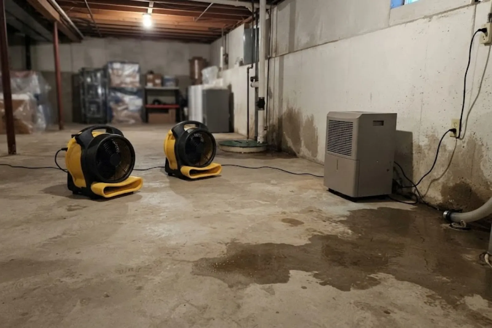 Air movers and a dehumidifier drying a water-damaged basement