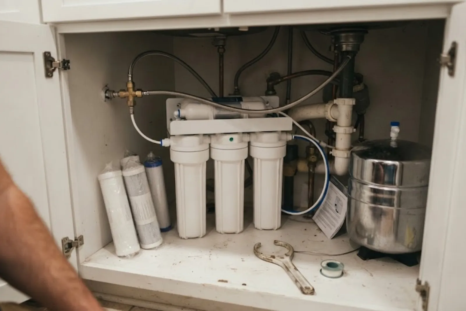 Under-sink water filtration system with multiple cartridges