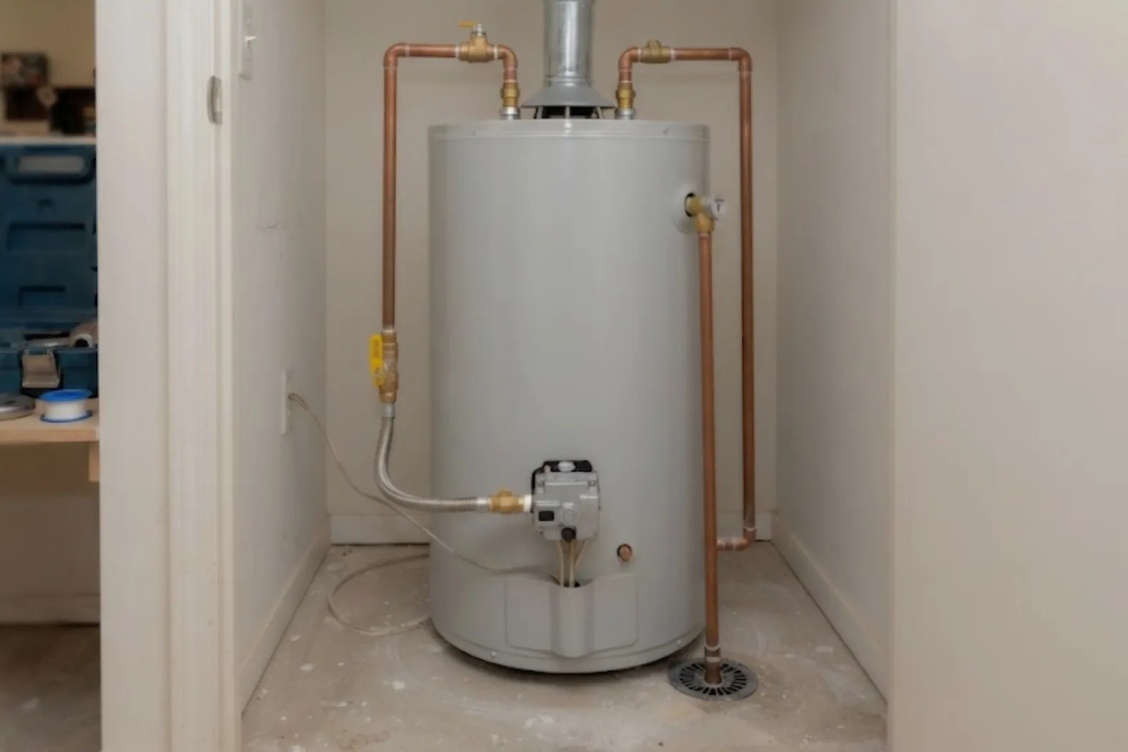 Newly installed gas water heater with copper connections in a utility closet